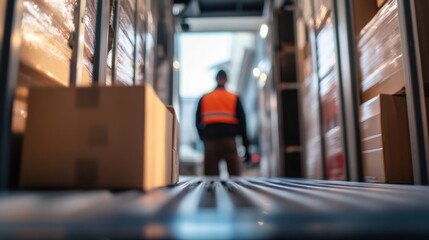 Worker in delivery truck, boxes, logistics.