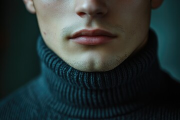 Obraz premium Close-up of a man's lower face and neck, wearing a dark turtleneck sweater.