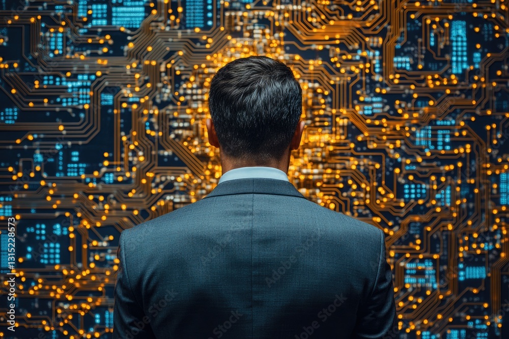 Poster a businessman stands before a complex circuit board, symbolizing technological innovation and the fu