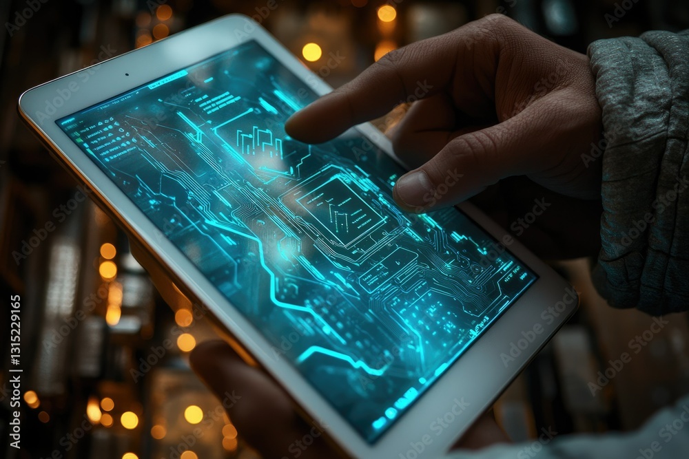 Leinwandbilder A person interacts with a tablet displaying a futuristic, circuit-board-like interface.