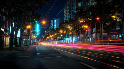 Vibrant Pink And Purple Light Trails On A Busy City Street At Night With Blurred Motion
