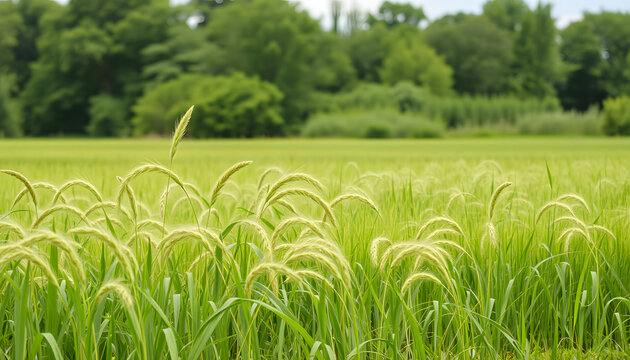 A crop of Canary Grass and a conservation field margin in a field in June. with white shades