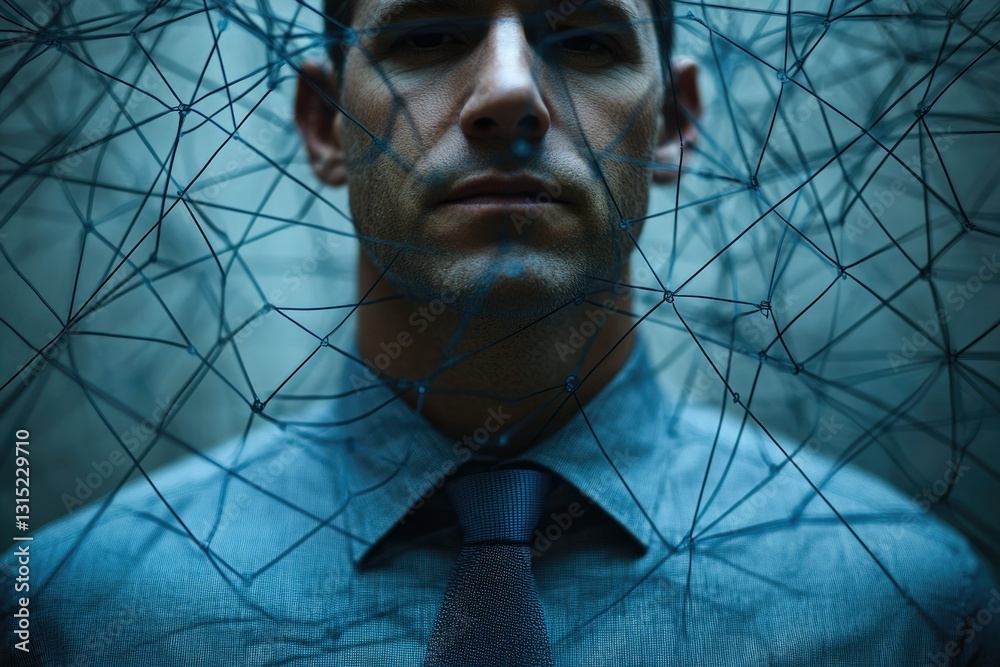 Poster A man in a blue shirt is entangled in a complex network of interconnected lines, symbolizing modern connectivity and its complexities.