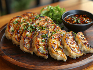 Crispy pan-fried gyoza dumplings served with savory soy sauce, creating the perfect balance of textures and flavors in this delicious Japanese dish.