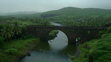 Fototapeta premium Lush green valley bridge, river flows, misty mountains background; travel, tourism