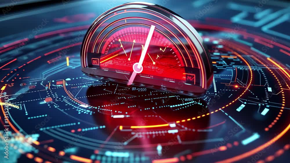 Poster internet speedometer visualization showcasing global network connections and data flow analysis, int