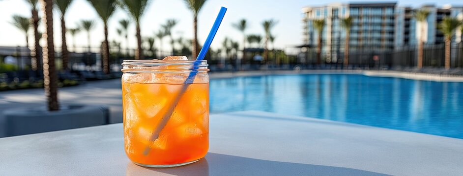 Enjoying a vibrant orange drink in a mason jar while relaxing by the hotel pool with palm trees in the background on a sunny day