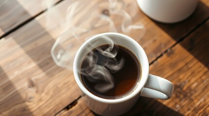 Obraz premium Steaming Cup of Coffee: A close-up of a freshly brewed cup of coffee with steam rising, sitting on a rustic wooden table, capturing the warmth and aroma