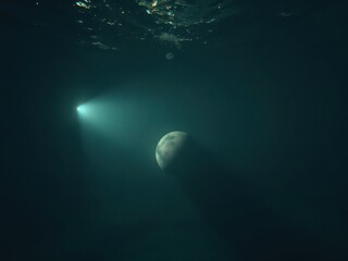Fototapeta premium Underwater interrogation light beam illuminates submerged object, ocean, evidence, coral
