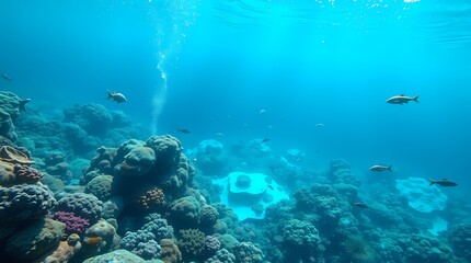 Fototapeta premium Underwater Paradise: Capturing the vivid life of underwater coral reef, including diverse fish and plant life, under the crystal-clear ocean waters.