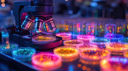 Illuminated microscope surrounded by petri dishes in a vibrant lab setting, recognizing contributions to microbiology.