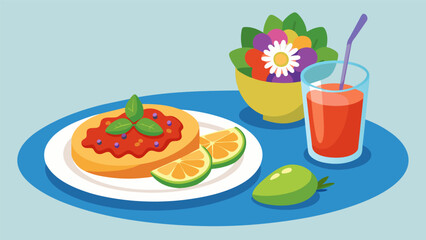 The y kick of salsa on top of crunchy tostadas washed down with a refreshing floraltasting Agua de Jamaica.. Vector illustration
