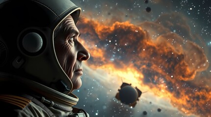 A Contemplative Journey: An astronaut gazes out into the vast expanse of space, a thoughtful expression etched on his face as a nebula unfolds behind him