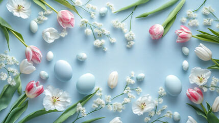 Obraz premium Pastel Pink Tulips with Green Leaves on a Turquoise Background. A vibrant display of colored eggs surrounded by fresh flowers in a decorative vase, 