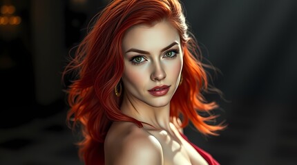 Naklejka premium Radiant Beauty: A captivating portrait of a woman with vibrant red hair and striking features, bathed in soft light