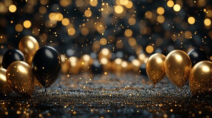 A breathtaking assortment of black and gold balloons adorned with sparkling confetti on a black backdrop, ideal for celebrations and events