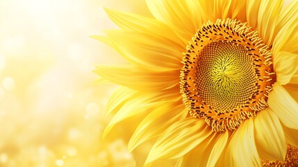 Obraz premium Realistic close-up of a sunflower, focusing on the textured center filled with seeds & yellow petals, blurred background
