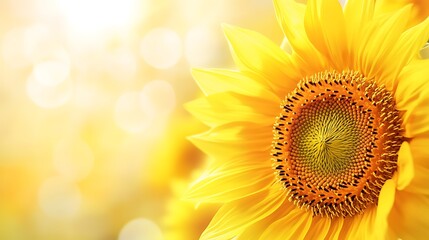 Obraz premium Realistic close-up of a sunflower, focusing on the textured center filled with seeds & yellow petals, blurred background