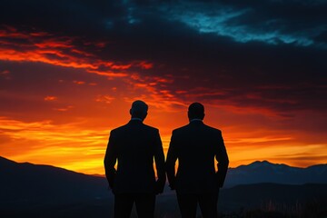 Silhouette of two men in suits, standing back to camera, admiring a vibrant sunset over mountains.