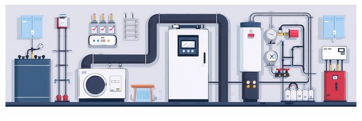 Gas boiler and electric heating system in residential basement room with control equipment and plumbing details