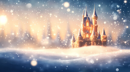 Soft, blurred background of white snow with bokeh lights and sparkling stars, creating an enchanting winter scene ideal for product display or digital art design. Enchanted - Castle. Illustration