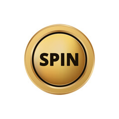 Round golden button with the word spin in bold black letters, perfect for gaming interfaces.