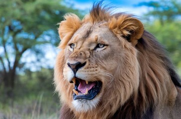 Fototapeta premium A close-up shot of a male lion with his mouth open