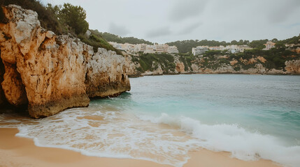 Fototapeta premium Secluded cove beach, turquoise water, coastal town backdrop, tranquil scene, travel photography