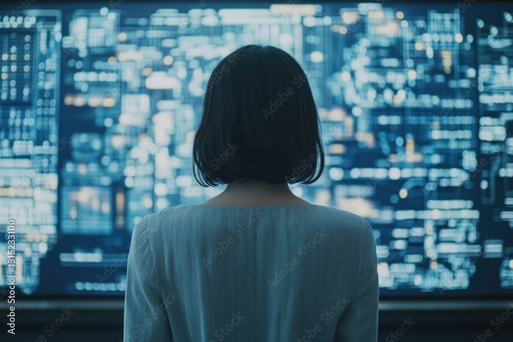 Fototapete a woman observes a large screen displaying complex data streams, possibly code or financial informat