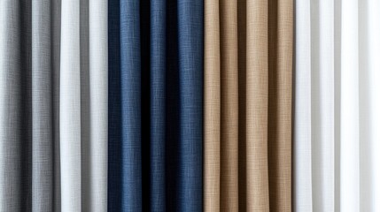 Fototapeta premium Brightly lit display featuring a variety of curtain fabrics with geometric and floral patterns in blue, gray, and brown tones