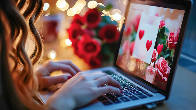 Woman Creating a Romantic Online Love Message on Laptop for Her Beloved Man. Concept of Valentine's Day, Anniversary, Birthday, Digital Celebration, Surprise, Romantic Greeting, Online Shopping - Powered by Adobe