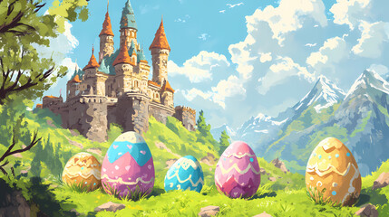 Whimsical easter festival featuring enchanted eggs and fantastical scenery. Enchanted - Castle. Illustration
