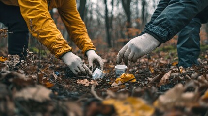 Obraz premium Gloved Hands Picking Up Trash in Autumn Forest. Concept of Environmental Conservation, Sustainable Practices, Nature Cleanup, Eco-Friendly Actions, people, volunteers