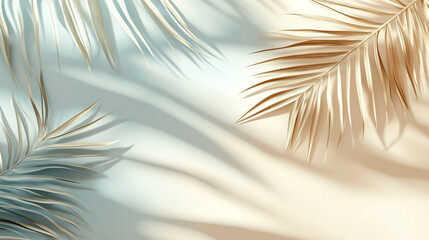 Obraz premium A summer background of beach sand with minimal palm leaves shadow, Blurred Palm Leaf Shadows on Cream Wall in Bright Sunlight