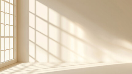 Minimalist interior illustration with arched window and potted plant casting shadows Arched Window And Curtains On Cream Background,