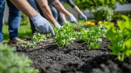 Closeup view of hands of gardener working in field planting flowers.