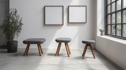 Individual dark wooden frames mounted on a neutral wall, featuring empty spaces for tailored artwork or photographs