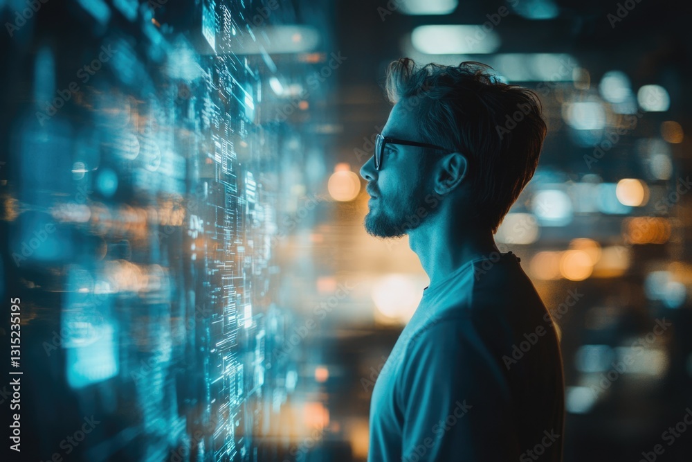 Poster a man gazes intently at a futuristic digital interface, filled with glowing data streams and code.