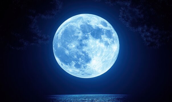 Blue moon over calm ocean, night sky, mystical scene, breathtaking view, peaceful image, possible use for wallpaper or screensaver