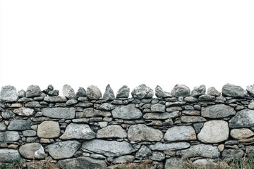 An isolated image of an ancient stone wall on a white background, ideal for historical or nature-themed projects and designs