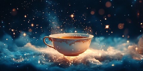A magical tea cup levitates amidst a starry cosmic backdrop, exuding an ethereal glow. Perfect for illustrating themes of relaxation, creativity, and serenity.