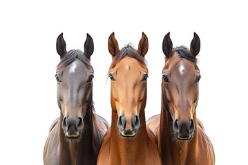 Front view equine portrait of beautiful horses isolated on transparent background, png