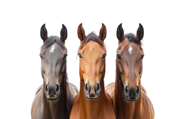 Front view equine portrait of beautiful horses isolated on transparent background, png