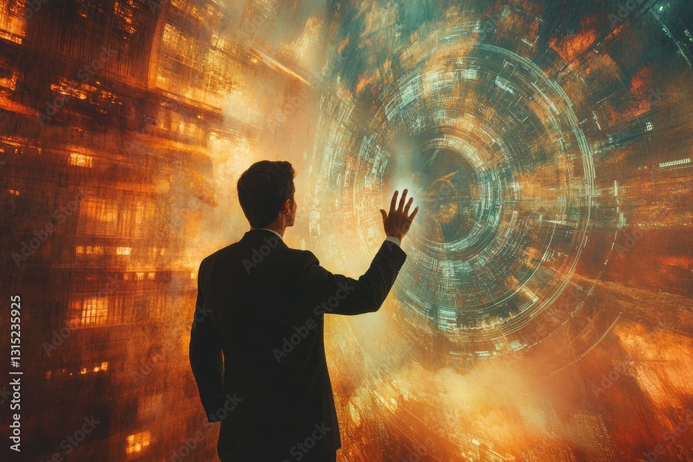 Poster a man in a suit reaches out to a futuristic, swirling digital interface, symbolizing technological a