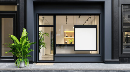 Fototapeta premium Modern boutique entrance with vivid empty sign and green plants enhancing chic storefront concept of retail design, contemporary shopping, urban style. Copy space. Mockup