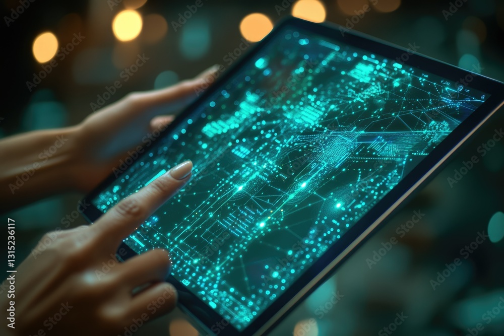 Poster A person interacts with a tablet displaying a vibrant, abstract visualization of interconnected data points and network connections.