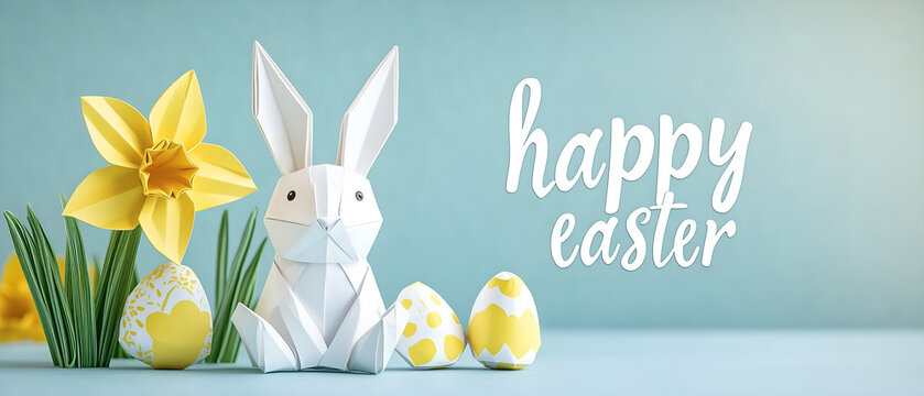 happy easter origami greeting card with flowers, eggs and easter bunny isolated over bright spring green background