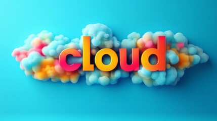 Colorful cloud design featuring the word cloud in bold letters against a vibrant blue background