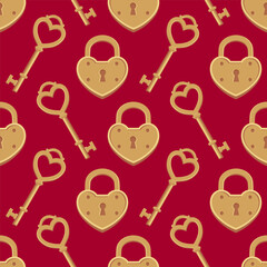 Seamless pattern with gold heart-shaped keys and locks on a red background. Valentine's day vector pattern.