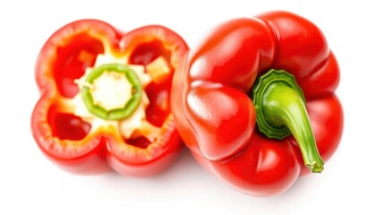 A vibrant, ripe red bell pepper, perfectly isolated on a pure white background, shiny, glossy